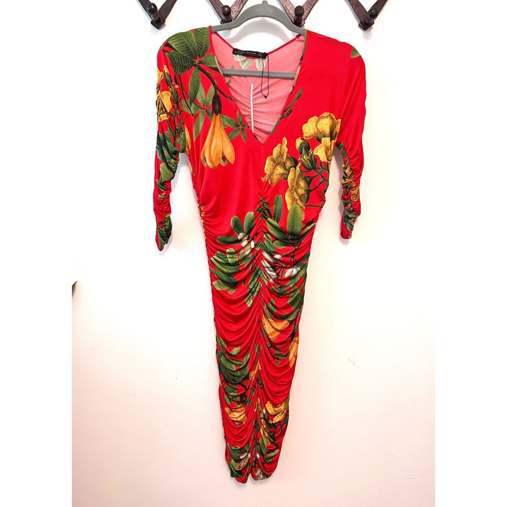 Zara Draped Tropical Print Red Dress, Medium